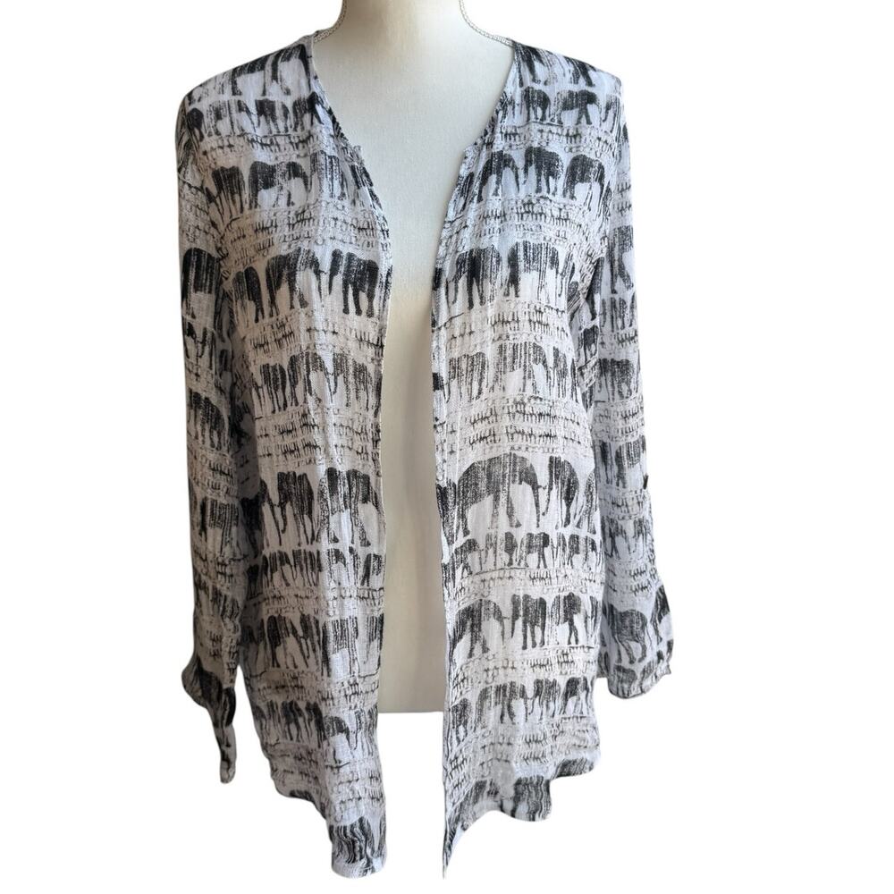 ZOZO Lightweight Summer Jacket Womens L Black White Gray Linen Gauze Elephants